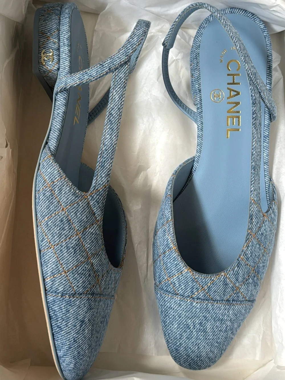 CHANEL Light Blue Denim Slingback Flats